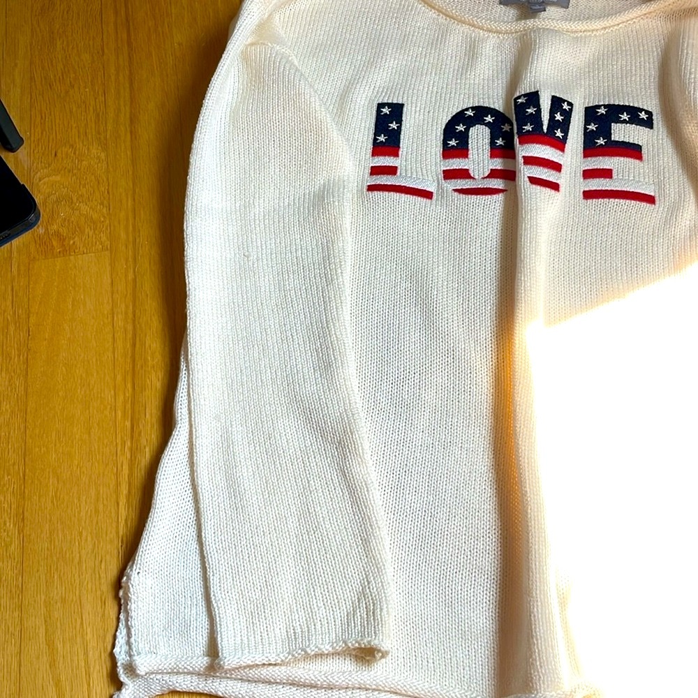 Marled Cream Crew Neck Sweater with Americana Love Graphic - Picture 12 of 15